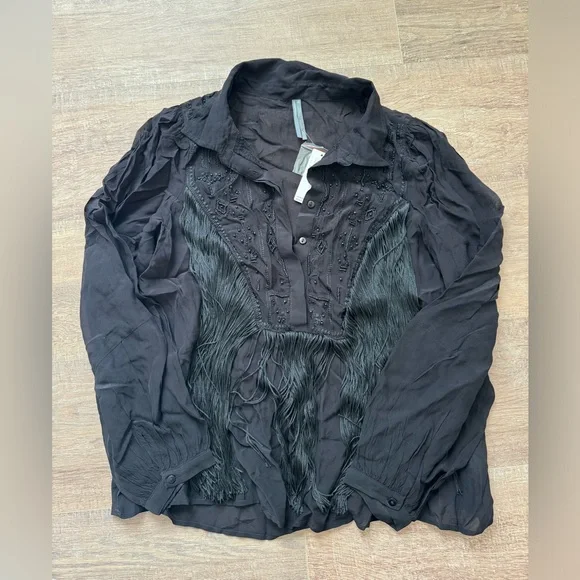NWT By Anthropologie Long-Sleeve Collared Embellished Fringe Blouse - Picture 5 of 6